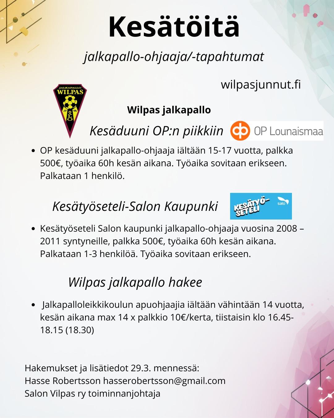 Kesätöitä Wilppaan jalkapallossa