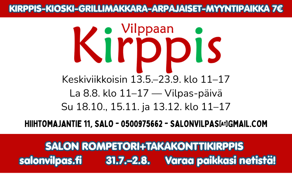 Vilppaan kirppis Tupurin majalla, myyntipöytiä salissa