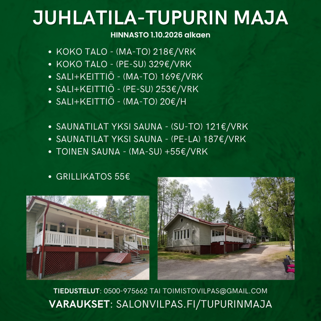 juhlatila tupurin maja hinnasto 1.10.2026